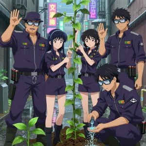 An anime scene showing 4 characters. 1. a male anime character with a broader, muscular build, short spiky hair, light stubble, wearing a neatly buttoned work shirt with epaulets and a zipped front, a utility belt with a small battery pack that connects to his eyeglasses, flat chest with no breasts 2. a female anime character with a petite build, expressive eyes, no facial hair, long straight hair with a ribbon headband 3. a female anime character with a petite build, soft features, no facial hair, hair in twin braids with small flower clips 4. a male anime character with a lean, wiry build, short wavy hair, clean-shaven, wearing a neatly buttoned utility shirt with a buttoned collar and chest pockets snapped shut, a utility belt with a small battery pack that connects to his eyeglasses, flat chest with no breasts All characters wear dark purple and silver scientific expedition team with a celebrity aesthetic. Each character wears two small lapel pins — one showing the the green and black NVIDIA logo — a diagonal beveled slash through an orange triangle (real brand), and one showing the diamond shape with four facets inside a smaller diamond logo (abstract). One character wears a top hat. One character has compact respirator hanging from a carabiner. Character #3 fingerspelling the letter L — thumb and index finger extended in an L shape, held up clearly, hands large and clearly visible in the foreground. Characters interact through gesture, voice, and movement — pointing, gesturing with purpose, speaking to devices, touching their own fingertips together to transmit data, wearing AR glasses. No character touches a keyboard or looks at a screen. No character waves at the camera. No character faces the viewer directly. The team is cultivating a literal observatory in a rain-soaked city alley with neon signs reflecting in puddles. Exactly 4 characters in this scene — no more, no fewer. One prunes dead growth to encourage healthy new shoots. One applies fertilizer in careful doses around the root zone. One trellises a climbing plant, guiding it along a support with gentle care. One waters a young seedling by hand, checking soil moisture first. Exactly 4 characters total. The image must contain precisely 4 characters.NO TEXT anywhere in this image — no speech bubbles, no word bubbles, no labels, no signs, no writing of any kind. Anime style, vibrant colors, clean composition, cinematic lighting.
