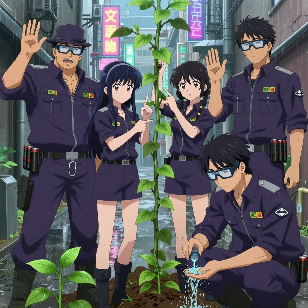 An anime scene showing 4 characters. 1. a male anime character with a broader, muscular build, short spiky hair, light stubble, wearing a neatly buttoned work shirt with epaulets and a zipped front, a utility belt with a small battery pack that connects to his eyeglasses, flat chest with no breasts 2. a female anime character with a petite build, expressive eyes, no facial hair, long straight hair with a ribbon headband 3. a female anime character with a petite build, soft features, no facial hair, hair in twin braids with small flower clips 4. a male anime character with a lean, wiry build, short wavy hair, clean-shaven, wearing a neatly buttoned utility shirt with a buttoned collar and chest pockets snapped shut, a utility belt with a small battery pack that connects to his eyeglasses, flat chest with no breasts All characters wear dark purple and silver scientific expedition team with a celebrity aesthetic. Each character wears two small lapel pins — one showing the the green and black NVIDIA logo — a diagonal beveled slash through an orange triangle (real brand), and one showing the diamond shape with four facets inside a smaller diamond logo (abstract). One character wears a top hat. One character has compact respirator hanging from a carabiner. Character #3 fingerspelling the letter L — thumb and index finger extended in an L shape, held up clearly, hands large and clearly visible in the foreground. Characters interact through gesture, voice, and movement — pointing, gesturing with purpose, speaking to devices, touching their own fingertips together to transmit data, wearing AR glasses. No character touches a keyboard or looks at a screen. No character waves at the camera. No character faces the viewer directly. The team is cultivating a literal observatory in a rain-soaked city alley with neon signs reflecting in puddles. Exactly 4 characters in this scene — no more, no fewer. One prunes dead growth to encourage healthy new shoots. One applies fertilizer in careful doses around the root zone. One trellises a climbing plant, guiding it along a support with gentle care. One waters a young seedling by hand, checking soil moisture first. Exactly 4 characters total. The image must contain precisely 4 characters.NO TEXT anywhere in this image — no speech bubbles, no word bubbles, no labels, no signs, no writing of any kind. Anime style, vibrant colors, clean composition, cinematic lighting.
