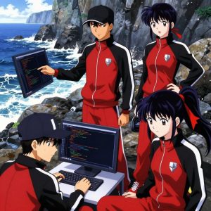 a team of 3 anime characters in crimson and black athletic track suits with white stripes down the sleeves debugging a literal ethereum in a rocky coastline with waves crashing against dark stone cliffs. All characters wear small reflective silver badges on their chests. One female character has a crimson ribbon tied around her ponytail. One character wears a black cap with a white stripe. One deploys an update to production, watching dashboards for anomalies. One boots up a cluster and monitors the training job's progress metrics. One writes and tests code, iterating based on what runs correctly. NO TEXT anywhere in this image — no speech bubbles, no word bubbles, no labels, no signs, no writing of any kind. Anime style, vibrant colors, clean composition, cinematic lighting.