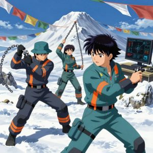 1 anime characters in teal and charcoal mechanic coveralls with neon orange reflective strips training a literal chain in a snowy mountain peak with prayer flags waving in strong wind. All characters have matching orange hazard stripes on their sleeves. One character wears a teal bucket hat. One female character has a small orange ribbon pinned to her coverall collar. One deploys an update to production, watching dashboards for anomalies. NO TEXT anywhere in this image — no speech bubbles, no word bubbles, no labels, no signs, no writing of any kind. Anime style, vibrant colors, clean composition, cinematic lighting.