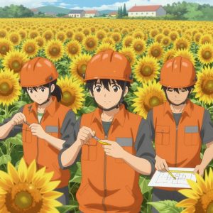 a team of 3 anime characters in burnt orange engineering vests worn over neutral gray base layers constructing a literal hundreds in a sunflower field extending to a farmstead on the horizon. All characters have small gray utility patches on their vests. One character wears an orange reflective helmet. One female character has a small gray ribbon pinned to her vest. One assembles components using the correct fasteners and techniques. One sands a surface smooth before applying finish, feeling for imperfections. One cuts material to exact measurements, double-checking against the plan. NO TEXT anywhere in this image — no speech bubbles, no word bubbles, no labels, no signs, no writing of any kind. Anime style, vibrant colors, clean composition, cinematic lighting.