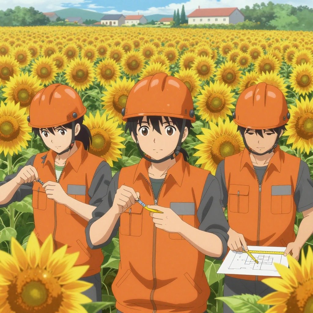 a team of 3 anime characters in burnt orange engineering vests worn over neutral gray base layers constructing a literal hundreds in a sunflower field extending to a farmstead on the horizon. All characters have small gray utility patches on their vests. One character wears an orange reflective helmet. One female character has a small gray ribbon pinned to her vest. One assembles components using the correct fasteners and techniques. One sands a surface smooth before applying finish, feeling for imperfections. One cuts material to exact measurements, double-checking against the plan. NO TEXT anywhere in this image — no speech bubbles, no word bubbles, no labels, no signs, no writing of any kind. Anime style, vibrant colors, clean composition, cinematic lighting.