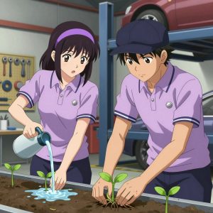 a team of 2 anime characters in soft lavender polos with dark slate pants and subtle striped collars cultivating a literal water in a mechanic's garage with tools organized on pegboards and cars on lifts. All characters wear small silver circle lapel pins. One female character has a lavender ribbon headband in her hair. One character wears a dark slate newsboy cap. One applies fertilizer in careful doses around the root zone. One prunes dead growth to encourage healthy new shoots. NO TEXT anywhere in this image β no speech bubbles, no word bubbles, no labels, no signs, no writing of any kind. Anime style, vibrant colors, clean composition, cinematic lighting.