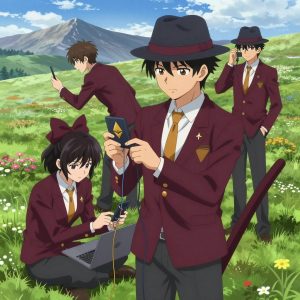 1 anime characters in deep maroon blazers with charcoal slacks and bright amber tie accents debugging a literal ethereum in a high alpine meadow in full summer bloom with mountain peaks beyond. All characters wear small golden star lapel pins. One female character has a deep maroon silk ribbon bow in her hair. One character wears a charcoal fedora with a maroon band. One troubleshoots a flaky network connection, checking configs and physical links. NO TEXT anywhere in this image — no speech bubbles, no word bubbles, no labels, no signs, no writing of any kind. Anime style, vibrant colors, clean composition, cinematic lighting.