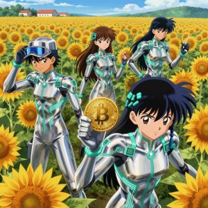 1 anime characters in silvery chrome suits with neon teal trim and glowing circuit patterns deploying a literal bitcoin in a sunflower field extending to a farmstead on the horizon. All characters have small glowing teal circuit-board badges on their shoulders. One character wears a sleek chrome visor cap. One female character has teal accent ribbons woven into her hair. One writes and tests code, iterating based on what runs correctly. NO TEXT anywhere in this image — no speech bubbles, no word bubbles, no labels, no signs, no writing of any kind. Anime style, vibrant colors, clean composition, cinematic lighting.