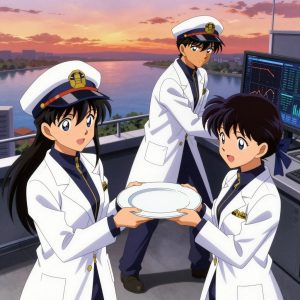 1 anime characters in white lab coats with navy blue collars and gold zipper accents debugging a literal plate in a rooftop terrace at sunset overlooking a wide river. One character wears a peaked captain's cap with a gold insignia. One female character has a navy ribbon tied in her hair. All characters wear small gold lapel badges. One deploys an update to production, watching dashboards for anomalies. NO TEXT anywhere in this image — no speech bubbles, no word bubbles, no labels, no signs, no writing of any kind. Anime style, vibrant colors, clean composition, cinematic lighting.