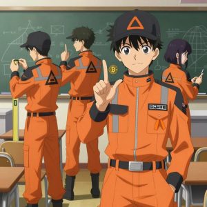 1 anime characters in orange and black hazard unit jumpsuits with reflective safety striping using sign language a literal bitcoin in a sunny classroom with desks and a chalkboard covered in diagrams. All characters have matching black triangle logos on their backs. One character wears a black utility cap with an orange emblem. One female character has a small orange ribbon pinned to her collar. One faces the camera and makes a clear ASL gesture — hand shapes, fingerspelling, or a recognizable sign — while the others continue their work nearby. One checks alignment and level before securing each joint. NO TEXT anywhere in this image — no speech bubbles, no word bubbles, no labels, no signs, no writing of any kind. Anime style, vibrant colors, clean composition, cinematic lighting.