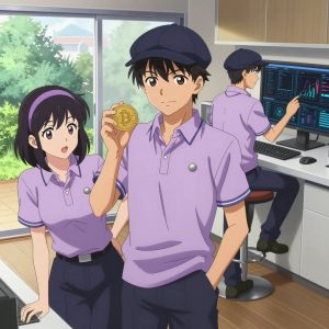1 anime characters in soft lavender polos with dark slate pants and subtle striped collars debugging a literal bitcoin in a sleek modern kitchen with large windows opening onto a garden. All characters wear small silver circle lapel pins. One female character has a lavender ribbon headband in her hair. One character wears a dark slate newsboy cap. One deploys an update to production, watching dashboards for anomalies. NO TEXT anywhere in this image — no speech bubbles, no word bubbles, no labels, no signs, no writing of any kind. Anime style, vibrant colors, clean composition, cinematic lighting.