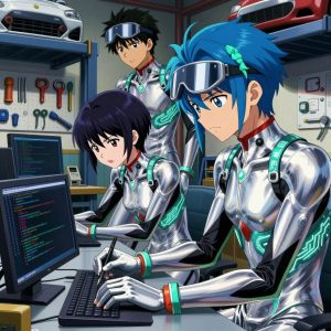 1 anime characters in silvery chrome suits with neon teal trim and glowing circuit patterns debugging a literal ethereum in a mechanic's garage with tools organized on pegboards and cars on lifts. All characters have small glowing teal circuit-board badges on their shoulders. One character wears a sleek chrome visor cap. One female character has teal accent ribbons woven into her hair. One writes and tests code, iterating based on what runs correctly. NO TEXT anywhere in this image β no speech bubbles, no word bubbles, no labels, no signs, no writing of any kind. Anime style, vibrant colors, clean composition, cinematic lighting.