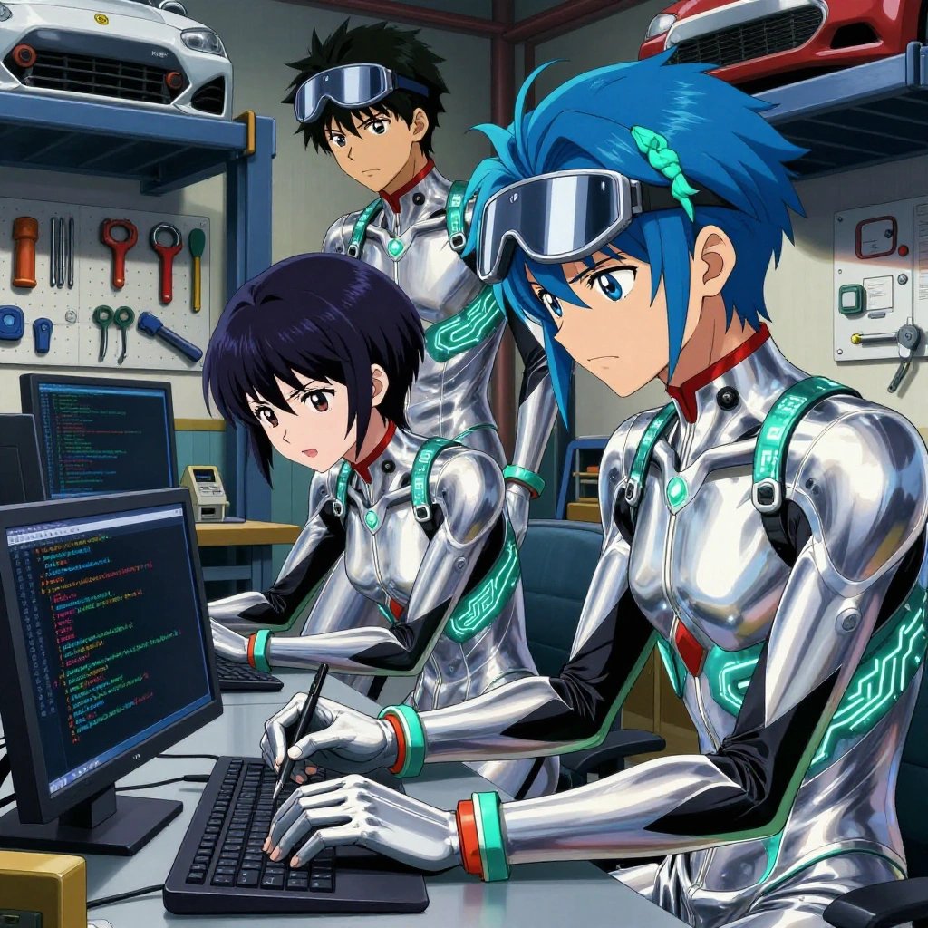 1 anime characters in silvery chrome suits with neon teal trim and glowing circuit patterns debugging a literal ethereum in a mechanic's garage with tools organized on pegboards and cars on lifts. All characters have small glowing teal circuit-board badges on their shoulders. One character wears a sleek chrome visor cap. One female character has teal accent ribbons woven into her hair. One writes and tests code, iterating based on what runs correctly. NO TEXT anywhere in this image — no speech bubbles, no word bubbles, no labels, no signs, no writing of any kind. Anime style, vibrant colors, clean composition, cinematic lighting.