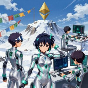 a team of 3 anime characters in silvery chrome suits with neon teal trim and glowing circuit patterns training a literal ethereum in a snowy mountain peak with prayer flags waving in strong wind. All characters have small glowing teal circuit-board badges on their shoulders. One character wears a sleek chrome visor cap. One female character has teal accent ribbons woven into her hair. One deploys an update to production, watching dashboards for anomalies. One troubleshoots a flaky network connection, checking configs and physical links. One boots up a cluster and monitors the training job's progress metrics. NO TEXT anywhere in this image — no speech bubbles, no word bubbles, no labels, no signs, no writing of any kind. Anime style, vibrant colors, clean composition, cinematic lighting.