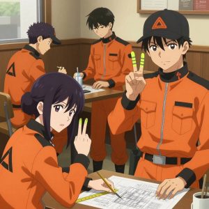 a team of 3 anime characters in orange and black hazard unit jumpsuits with reflective safety striping fingerspelling a literal software in a cozy coffee shop interior with warm light and wood tones. All characters have matching black triangle logos on their backs. One character wears a black utility cap with an orange emblem. One female character has a small orange ribbon pinned to her collar. One faces the camera and makes a clear ASL gesture — hand shapes, fingerspelling, or a recognizable sign — while the others continue their work nearby. One applies fertilizer in careful doses around the root zone. One cuts material to exact measurements, double-checking against the plan. NO TEXT anywhere in this image — no speech bubbles, no word bubbles, no labels, no signs, no writing of any kind. Anime style, vibrant colors, clean composition, cinematic lighting.