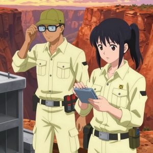An anime scene showing 2 characters. 1. a male anime character with a lean, medium build, short textured hair, light stubble, wearing a neatly buttoned utility smock with a buttoned collar and chest flaps closed, a utility belt with a small battery pack that connects to his eyeglasses, flat chest with no breasts 2. a female anime character with a slender build, youthful face, no facial hair, side ponytail with a ribbon All characters wear light yellow and cream hazardous disposal team with a me in 10 years aesthetic. Each character wears a small lapel pin showing the USDT token symbol — a T with a double horizontal line logo. One character wears a flat cap. The team is repairing a literal building in a wide canyon with layered red rock walls glowing at sunset. One cleans a critical part with solvent, working in a well-ventilated spot. One recalibrates the device to factory specifications step by step. NO TEXT anywhere in this image — no speech bubbles, no word bubbles, no labels, no signs, no writing of any kind. Anime style, vibrant colors, clean composition, cinematic lighting.
