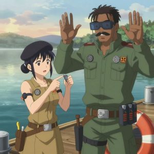 An anime scene showing 2 characters. 1. a female anime character with a small build, no facial hair, hair in a bun with a decorative pin, wearing a skirt 2. a male anime character with a tall, rugged build, short dreadlock hair, thick mustache, wearing a neatly buttoned utility jacket with a mandarin collar and two chest pockets, a utility belt with a small battery pack that connects to his eyeglasses, flat chest with no breasts All characters wear earthy green and tan hazardous disposal team with a wild west aesthetic. Each character wears two small lapel pins — one showing the the OpenAI logo — two interlocking U-shapes forming an abstract brain, warm gray and black (real brand), and one showing the uppercase B with two crossed vertical lines through it logo (abstract). One character wears a beret. One character has utility sheathes on the belt for hand tools. Characters interact through gesture, voice, and movement — pointing, gesturing with purpose, speaking to devices, touching their own fingertips together to transmit data, wearing AR glasses. No character touches a keyboard or looks at a screen. No character waves at the camera. No character faces the viewer directly. The team is repairing a literal coastguard in a calm lakeside dock at dawn with mist rising off the water. Exactly 2 characters in this scene — no more, no fewer. One carefully tightens a bolt with the appropriate tool, working by feel. One diagnoses the fault by listening to how the mechanism sounds. Exactly 2 characters total. The image must contain precisely 2 characters.NO TEXT anywhere in this image — no speech bubbles, no word bubbles, no labels, no signs, no writing of any kind. Anime style, vibrant colors, clean composition, cinematic lighting.