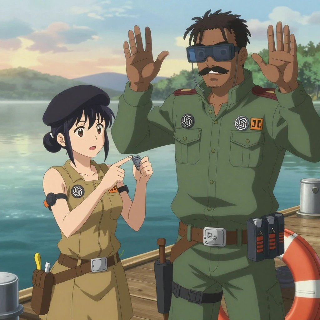 An anime scene showing 2 characters. 1. a female anime character with a small build, no facial hair, hair in a bun with a decorative pin, wearing a skirt 2. a male anime character with a tall, rugged build, short dreadlock hair, thick mustache, wearing a neatly buttoned utility jacket with a mandarin collar and two chest pockets, a utility belt with a small battery pack that connects to his eyeglasses, flat chest with no breasts All characters wear earthy green and tan hazardous disposal team with a wild west aesthetic. Each character wears two small lapel pins — one showing the the OpenAI logo — two interlocking U-shapes forming an abstract brain, warm gray and black (real brand), and one showing the uppercase B with two crossed vertical lines through it logo (abstract). One character wears a beret. One character has utility sheathes on the belt for hand tools. Characters interact through gesture, voice, and movement — pointing, gesturing with purpose, speaking to devices, touching their own fingertips together to transmit data, wearing AR glasses. No character touches a keyboard or looks at a screen. No character waves at the camera. No character faces the viewer directly. The team is repairing a literal coastguard in a calm lakeside dock at dawn with mist rising off the water. Exactly 2 characters in this scene — no more, no fewer. One carefully tightens a bolt with the appropriate tool, working by feel. One diagnoses the fault by listening to how the mechanism sounds. Exactly 2 characters total. The image must contain precisely 2 characters.NO TEXT anywhere in this image — no speech bubbles, no word bubbles, no labels, no signs, no writing of any kind. Anime style, vibrant colors, clean composition, cinematic lighting.