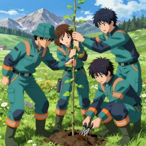 a team of 3 anime characters in teal and charcoal mechanic coveralls with neon orange reflective strips planting a literal techcrunch in a high alpine meadow in full summer bloom with mountain peaks beyond. All characters have matching orange hazard stripes on their sleeves. One character wears a teal bucket hat. One female character has a small orange ribbon pinned to her coverall collar. One trellises a climbing plant, guiding it along a support with gentle care. One applies fertilizer in careful doses around the root zone. One prunes dead growth to encourage healthy new shoots. NO TEXT anywhere in this image — no speech bubbles, no word bubbles, no labels, no signs, no writing of any kind. Anime style, vibrant colors, clean composition, cinematic lighting.