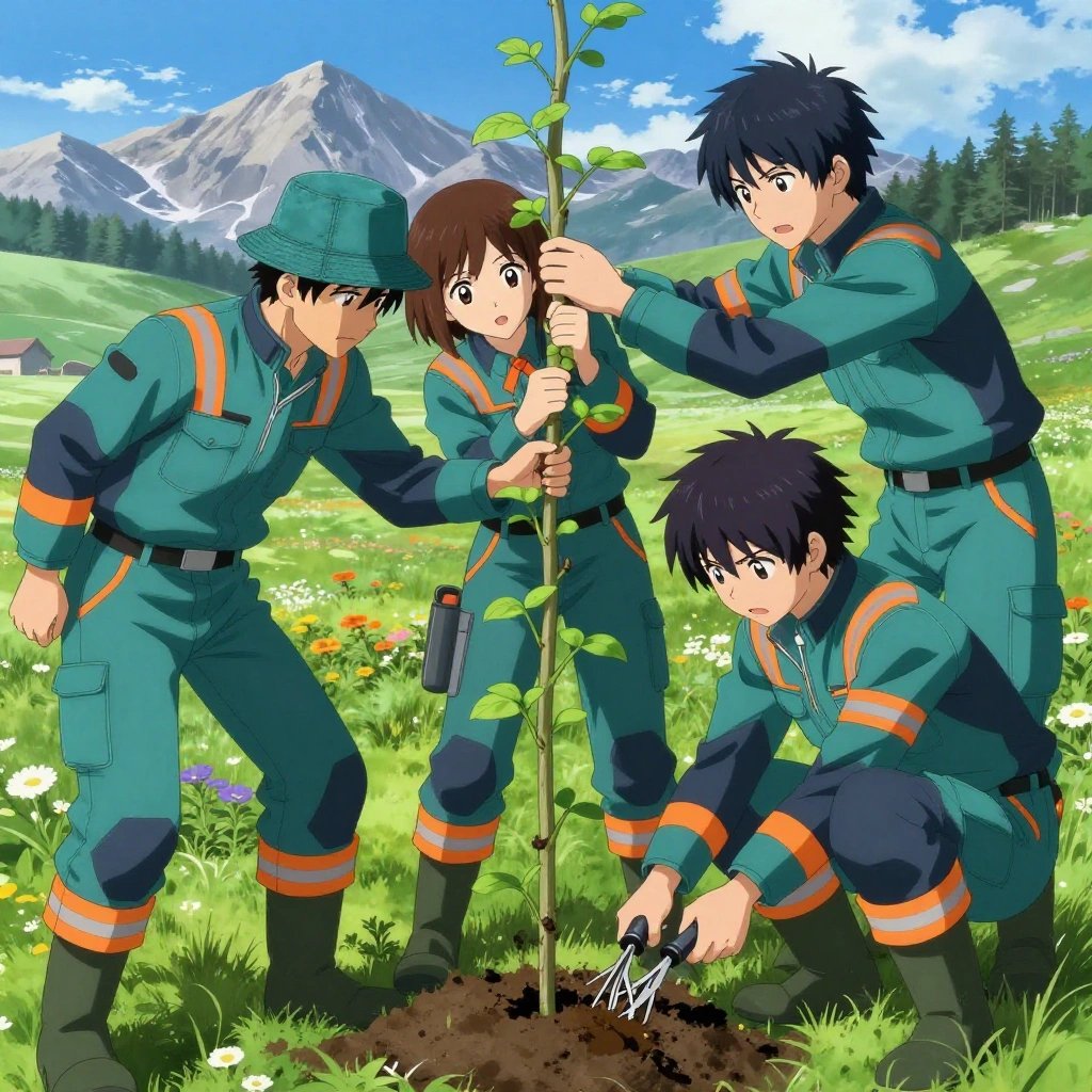 a team of 3 anime characters in teal and charcoal mechanic coveralls with neon orange reflective strips planting a literal techcrunch in a high alpine meadow in full summer bloom with mountain peaks beyond. All characters have matching orange hazard stripes on their sleeves. One character wears a teal bucket hat. One female character has a small orange ribbon pinned to her coverall collar. One trellises a climbing plant, guiding it along a support with gentle care. One applies fertilizer in careful doses around the root zone. One prunes dead growth to encourage healthy new shoots. NO TEXT anywhere in this image — no speech bubbles, no word bubbles, no labels, no signs, no writing of any kind. Anime style, vibrant colors, clean composition, cinematic lighting.