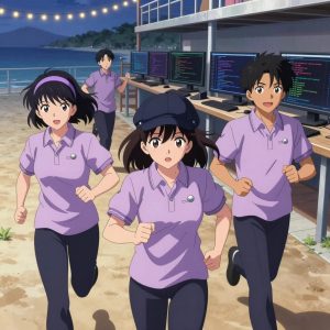 a team of 3 anime characters in soft lavender polos with dark slate pants and subtle striped collars running a literal solana in a beachside boardwalk at twilight with string lights and warm sand. All characters wear small silver circle lapel pins. One female character has a lavender ribbon headband in her hair. One character wears a dark slate newsboy cap. One writes and tests code, iterating based on what runs correctly. One deploys an update to production, watching dashboards for anomalies. One boots up a cluster and monitors the training job's progress metrics. NO TEXT anywhere in this image — no speech bubbles, no word bubbles, no labels, no signs, no writing of any kind. Anime style, vibrant colors, clean composition, cinematic lighting.