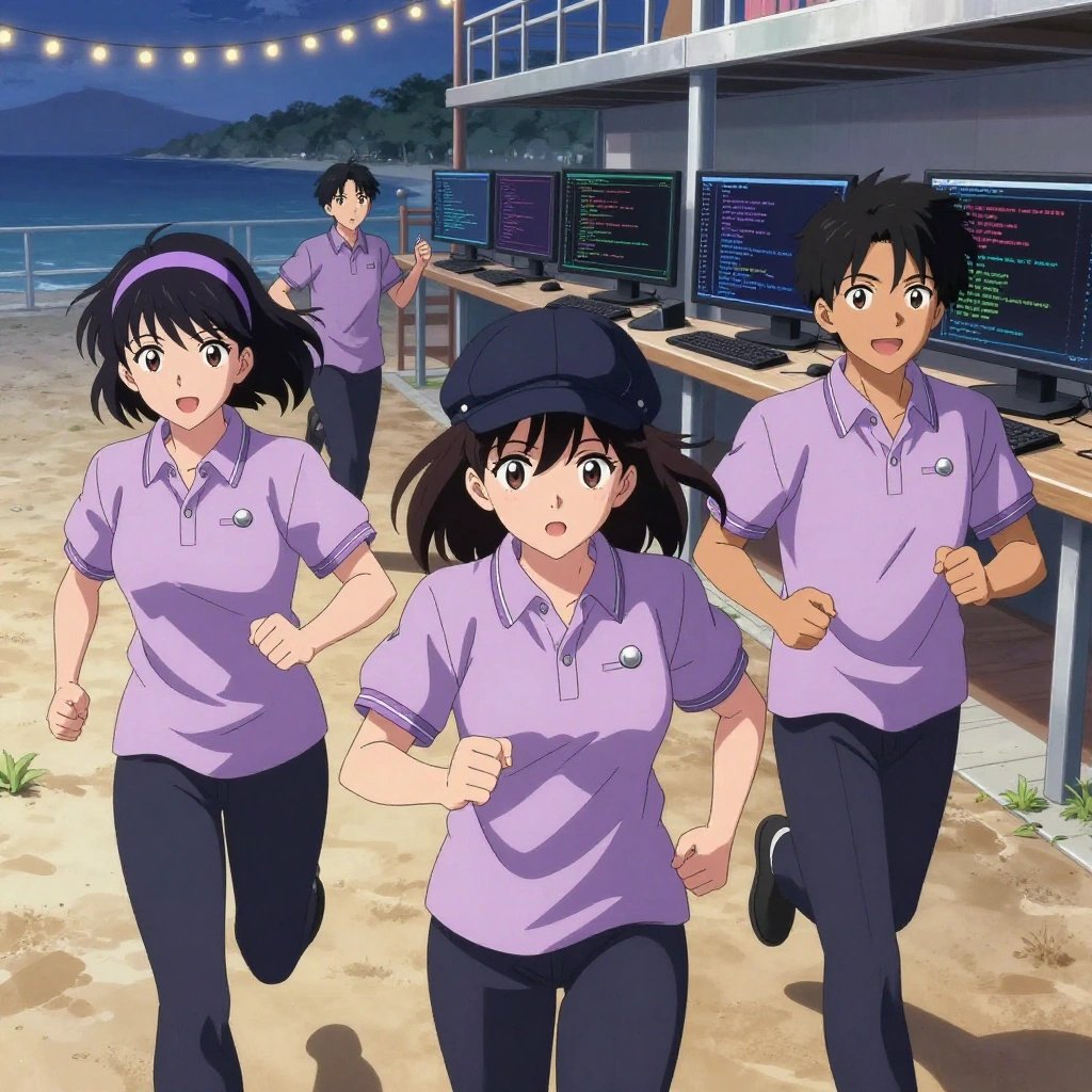 a team of 3 anime characters in soft lavender polos with dark slate pants and subtle striped collars running a literal solana in a beachside boardwalk at twilight with string lights and warm sand. All characters wear small silver circle lapel pins. One female character has a lavender ribbon headband in her hair. One character wears a dark slate newsboy cap. One writes and tests code, iterating based on what runs correctly. One deploys an update to production, watching dashboards for anomalies. One boots up a cluster and monitors the training job's progress metrics. NO TEXT anywhere in this image — no speech bubbles, no word bubbles, no labels, no signs, no writing of any kind. Anime style, vibrant colors, clean composition, cinematic lighting.