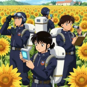 a team of 3 anime characters in dark indigo space suits with bright white life-support backpack modules monitoring a literal quantum in a sunflower field extending to a farmstead on the horizon. All characters wear small mission patch emblems on their chest. One character wears a dark indigo flight cap. One female character has a white ribbon tied neatly in her hair. One weighs or measures a sample, handling it carefully to avoid contamination. One monitors a readout while adjusting a dial, watching for the target value. One takes a precise reading with a calibrated instrument, recording it in a logbook. NO TEXT anywhere in this image — no speech bubbles, no word bubbles, no labels, no signs, no writing of any kind. Anime style, vibrant colors, clean composition, cinematic lighting.