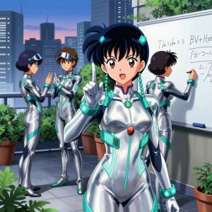 1 anime characters in silvery chrome suits with neon teal trim and glowing circuit patterns doing ASL a literal bitcoin in a bustling urban rooftop garden with city skyline at dusk. All characters have small glowing teal circuit-board badges on their shoulders. One character wears a sleek chrome visor cap. One female character has teal accent ribbons woven into her hair. One faces the camera and makes a clear ASL gesture — hand shapes, fingerspelling, or a recognizable sign — while the others continue their work nearby. One writes key concepts on a whiteboard while explaining the reasoning. NO TEXT anywhere in this image — no speech bubbles, no word bubbles, no labels, no signs, no writing of any kind. Anime style, vibrant colors, clean composition, cinematic lighting.