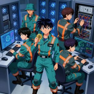 a team of 3 anime characters in teal and charcoal mechanic coveralls with neon orange reflective strips programming a literal bitcoin in a high-tech server room humming with cooling fans and blue light. All characters have matching orange hazard stripes on their sleeves. One character wears a teal bucket hat. One female character has a small orange ribbon pinned to her coverall collar. One boots up a cluster and monitors the training job's progress metrics. One deploys an update to production, watching dashboards for anomalies. One troubleshoots a flaky network connection, checking configs and physical links. NO TEXT anywhere in this image — no speech bubbles, no word bubbles, no labels, no signs, no writing of any kind. Anime style, vibrant colors, clean composition, cinematic lighting.