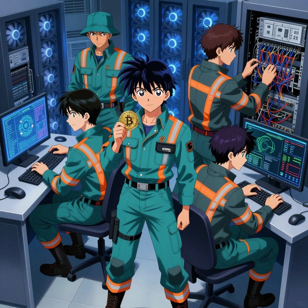 a team of 3 anime characters in teal and charcoal mechanic coveralls with neon orange reflective strips programming a literal bitcoin in a high-tech server room humming with cooling fans and blue light. All characters have matching orange hazard stripes on their sleeves. One character wears a teal bucket hat. One female character has a small orange ribbon pinned to her coverall collar. One boots up a cluster and monitors the training job's progress metrics. One deploys an update to production, watching dashboards for anomalies. One troubleshoots a flaky network connection, checking configs and physical links. NO TEXT anywhere in this image — no speech bubbles, no word bubbles, no labels, no signs, no writing of any kind. Anime style, vibrant colors, clean composition, cinematic lighting.
