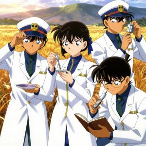 a team of 3 anime characters in white lab coats with navy blue collars and gold zipper accents measuring a literal quantum in an open field at golden hour with distant mountains and dry grass. One character wears a peaked captain's cap with a gold insignia. One female character has a navy ribbon tied in her hair. All characters wear small gold lapel badges. One weighs or measures a sample, handling it carefully to avoid contamination. One verifies dimensions with a precision tool, comparing to the specification. One takes a precise reading with a calibrated instrument, recording it in a logbook. NO TEXT anywhere in this image — no speech bubbles, no word bubbles, no labels, no signs, no writing of any kind. Anime style, vibrant colors, clean composition, cinematic lighting.