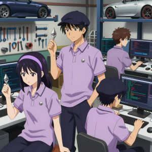 a team of 3 anime characters in soft lavender polos with dark slate pants and subtle striped collars deploying a literal ethereum in a mechanic's garage with tools organized on pegboards and cars on lifts. All characters wear small silver circle lapel pins. One female character has a lavender ribbon headband in her hair. One character wears a dark slate newsboy cap. One writes and tests code, iterating based on what runs correctly. One boots up a cluster and monitors the training job's progress metrics. One deploys an update to production, watching dashboards for anomalies. NO TEXT anywhere in this image — no speech bubbles, no word bubbles, no labels, no signs, no writing of any kind. Anime style, vibrant colors, clean composition, cinematic lighting.