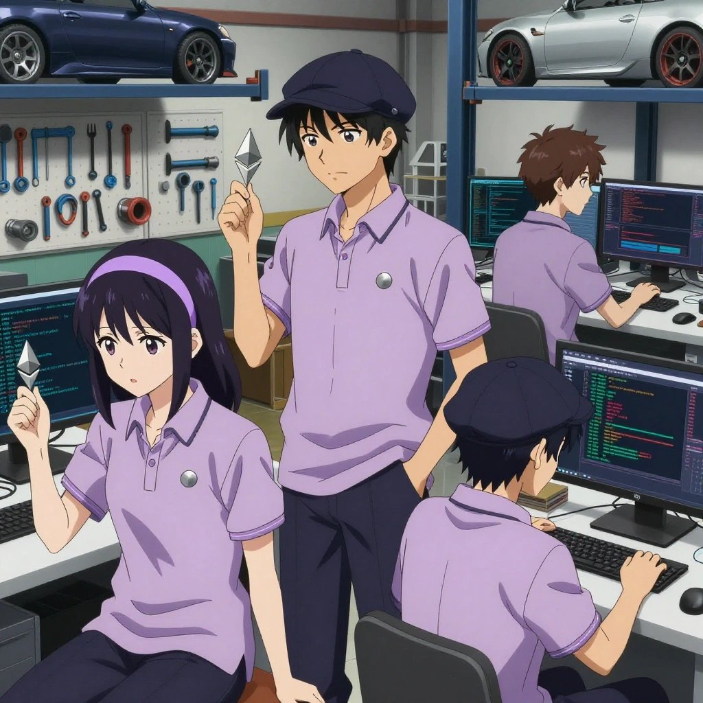 a team of 3 anime characters in soft lavender polos with dark slate pants and subtle striped collars deploying a literal ethereum in a mechanic's garage with tools organized on pegboards and cars on lifts. All characters wear small silver circle lapel pins. One female character has a lavender ribbon headband in her hair. One character wears a dark slate newsboy cap. One writes and tests code, iterating based on what runs correctly. One boots up a cluster and monitors the training job's progress metrics. One deploys an update to production, watching dashboards for anomalies. NO TEXT anywhere in this image — no speech bubbles, no word bubbles, no labels, no signs, no writing of any kind. Anime style, vibrant colors, clean composition, cinematic lighting.
