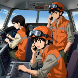 a team of 3 anime characters in burnt orange engineering vests worn over neutral gray base layers debugging a literal phone in a small airplane cockpit with instruments and blue sky beyond the windscreen. All characters have small gray utility patches on their vests. One character wears an orange reflective helmet. One female character has a small gray ribbon pinned to her vest. One writes and tests code, iterating based on what runs correctly. One deploys an update to production, watching dashboards for anomalies. One troubleshoots a flaky network connection, checking configs and physical links. NO TEXT anywhere in this image — no speech bubbles, no word bubbles, no labels, no signs, no writing of any kind. Anime style, vibrant colors, clean composition, cinematic lighting.