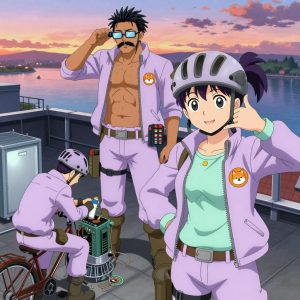 An anime scene showing 2 characters. 1. a male anime character with a tall, rugged build, short dreadlock hair, thick mustache, wearing a utility belt with a small battery pack that connects to his eyeglasses, flat chest with no breasts 2. a female anime character with a small build, round face, no facial hair, hair in a high ponytail with a bow All characters wear light lavender and mint engineering team with a steampunk aesthetic. Each character wears a small lapel pin showing the a shiba inu dog face with an orange hoodie, within a single circle, orange and white colors logo. One character wears a bicycle helmet. One character faces the camera directly and making the call me sign — thumb and pinky extended, moving hand toward ear and back out, clearly visible, hands large and clearly visible in the foreground. The team is repairing a literal building in a rooftop terrace at sunset overlooking a wide river. One cleans a critical part with solvent, working in a well-ventilated spot. One diagnoses the fault by listening to how the mechanism sounds. NO TEXT anywhere in this image — no speech bubbles, no word bubbles, no labels, no signs, no writing of any kind. Anime style, vibrant colors, clean composition, cinematic lighting.