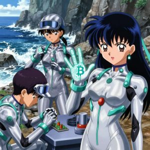a team of 3 anime characters in silvery chrome suits with neon teal trim and glowing circuit patterns fingerspelling a literal bitcoin in a rocky coastline with waves crashing against dark stone cliffs. All characters have small glowing teal circuit-board badges on their shoulders. One character wears a sleek chrome visor cap. One female character has teal accent ribbons woven into her hair. One faces the camera and makes a clear ASL gesture — hand shapes, fingerspelling, or a recognizable sign — while the others continue their work nearby. One cleans a critical part with solvent, working in a well-ventilated spot. One weighs or measures a sample, handling it carefully to avoid contamination. NO TEXT anywhere in this image — no speech bubbles, no word bubbles, no labels, no signs, no writing of any kind. Anime style, vibrant colors, clean composition, cinematic lighting.