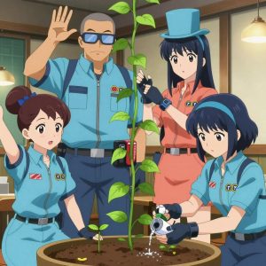 An anime scene showing 4 characters. 1. a female anime character with a small build, round face, no facial hair, hair in a high ponytail with a bow 2. a male anime character with a broad-shouldered build, short buzz-cut hair, clean-shaven, wearing a neatly buttoned work coverall with a full-length zipper and snapped chest pocket, a utility belt with a small battery pack that connects to his eyeglasses, flat chest with no breasts 3. a female anime character with a petite build, expressive eyes, no facial hair, long straight hair with a ribbon headband 4. a female anime character with a slim build, gentle features, no facial hair, hair in a bob with a headband All characters wear light blue and coral surveying team with a blue aesthetic. Each character wears two small lapel pins — one showing the the Stripe logo — two diagonal lines forming a forward slash through a red circle (real brand), and one showing the hexagon-diamond shape with a Y inside, blue and yellow logo (abstract). One character wears a top hat. One character has gloves with fingertip sensors. Characters interact through gesture, voice, and movement — pointing, gesturing with purpose, speaking to devices, touching their own fingertips together to transmit data, wearing AR glasses. No character touches a keyboard or looks at a screen. No character waves at the camera. No character faces the viewer directly. The team is cultivating a literal lighthouse in a cozy coffee shop interior with warm light and wood tones. Exactly 4 characters in this scene — no more, no fewer. One prunes dead growth to encourage healthy new shoots. One trellises a climbing plant, guiding it along a support with gentle care. One waters a young seedling by hand, checking soil moisture first. One applies fertilizer in careful doses around the root zone. Exactly 4 characters total. The image must contain precisely 4 characters.NO TEXT anywhere in this image — no speech bubbles, no word bubbles, no labels, no signs, no writing of any kind. Anime style, vibrant colors, clean composition, cinematic lighting.