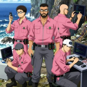 An anime scene showing 3 characters. 1. a male anime character with a lean, medium build, short textured hair, light stubble, wearing a neatly buttoned utility smock with a buttoned collar and chest flaps closed, a utility belt with a small battery pack that connects to his eyeglasses, flat chest with no breasts 2. a male anime character with a stocky, strong build, short undercut hair, full beard, wearing a neatly buttoned work jacket with a full zip front and rolled sleeves, a utility belt with a small battery pack that connects to his eyeglasses, flat chest with no breasts 3. a male anime character with a broad-shouldered build, short buzz-cut hair, clean-shaven, wearing a neatly buttoned work coverall with a full-length zipper and snapped chest pocket, a utility belt with a small battery pack that connects to his eyeglasses, flat chest with no breasts All characters wear muted rose and gray technical repair team with a from another planet aesthetic. Each character wears a small lapel pin showing the lowercase lambda letter in a circle, green logo. One character wears a baseball cap. The team is programming a literal phone in a rocky coastline with waves crashing against dark stone cliffs. One boots up a cluster and monitors the training job's progress metrics. One writes and tests code, iterating based on what runs correctly. One troubleshoots a flaky network connection, checking configs and physical links. NO TEXT anywhere in this image — no speech bubbles, no word bubbles, no labels, no signs, no writing of any kind. Anime style, vibrant colors, clean composition, cinematic lighting.