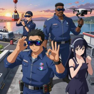 An anime scene showing 4 characters. 1. a male anime character with a broader, muscular build, short spiky hair, light stubble, wearing a neatly buttoned work shirt with epaulets and a zipped front, a utility belt with a small battery pack that connects to his eyeglasses, flat chest with no breasts 2. a male anime character with a fit, medium build, short slicked-back hair, light mustache, wearing a neatly buttoned work polo with a collared neck and buttoned cuffs, a utility belt with a small battery pack that connects to his eyeglasses, flat chest with no breasts 3. a male anime character with a tall, rugged build, short dreadlock hair, thick mustache, wearing a neatly buttoned utility jacket with a mandarin collar and two chest pockets, a utility belt with a small battery pack that connects to his eyeglasses, flat chest with no breasts 4. a female anime character with a petite build, expressive eyes, no facial hair, long straight hair with a ribbon headband All characters wear cool blue and silver field research team with a gothic aesthetic. Each character wears two small lapel pins — one showing the the Solana logo — a gradient circle with a stylized wave S-mark inside, purple and teal (real brand), and one showing the gradient circle with a stylized wave S-mark inside logo (abstract). One character wears a beanie. One character has magnetic screwdriver wristband. Character #3 making the OK sign — thumb and index finger form a circle, other fingers spread, clearly visible, hands large and clearly visible in the foreground. Only one character gestures — the others focus on their tasks without gesturing or pointing. Characters speak to devices, check readings, touch their own fingertips together to transmit data, and wear AR glasses. No character touches a keyboard or looks at a screen. No character waves at the camera. No character faces the viewer directly. The team is operating a literal space station in a rooftop terrace at sunset overlooking a wide river. Exactly 4 characters in this scene — no more, no fewer. One controls a crane or lift, moving materials with precision and care. One drives a vehicle steadily along a route, eyes on the road or path. One operates a camera on a stabilized rig, framing the shot perfectly. One pilots a drone through a pre-planned flight path, monitoring telemetry. No male character wears a skirt, kilt, or apron over pants or formal shirts. Exactly 4 characters total. The image must contain precisely 4 characters.NO TEXT anywhere in this image — no speech bubbles, no word bubbles, no labels, no signs, no writing of any kind. Anime style, vibrant colors, clean composition, cinematic lighting.