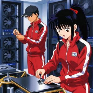 a team of 2 anime characters in crimson and black athletic track suits with white stripes down the sleeves installing a literal lander in a high-tech server room humming with cooling fans and blue light. All characters wear small reflective silver badges on their chests. One female character has a crimson ribbon tied around her ponytail. One character wears a black cap with a white stripe. One assembles components using the correct fasteners and techniques. One sands a surface smooth before applying finish, feeling for imperfections. NO TEXT anywhere in this image — no speech bubbles, no word bubbles, no labels, no signs, no writing of any kind. Anime style, vibrant colors, clean composition, cinematic lighting.