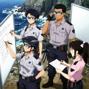 An anime scene showing 4 characters. 1. a male anime character with a lean, wiry build, short wavy hair, clean-shaven, wearing a neatly buttoned utility shirt with a buttoned collar and chest pockets snapped shut, a utility belt with a small battery pack that connects to his eyeglasses, flat chest with no breasts 2. a female anime character with a petite build, cute face, no facial hair, long hair with a bow hair accessory 3. a male anime character with a broader, muscular build, short spiky hair, light stubble, wearing a neatly buttoned work shirt with epaulets and a zipped front, a utility belt with a small battery pack that connects to his eyeglasses, flat chest with no breasts 4. a female anime character with a small build, round face, no facial hair, hair in a high ponytail with a bow All characters wear muted rose and gray surveying team with a black and white aesthetic. Each character wears a small lapel pin showing the lowercase lambda letter in a circle, green logo. One character wears a bicycle helmet. The team is teaching a literal cybersecurity in a rocky coastline with waves crashing against dark stone cliffs. One demonstrates a technique with patience, making sure the learner follows each step. One writes key concepts on a whiteboard while explaining the reasoning. One reviews someone's work and gives specific, actionable feedback. One guides a student through a correction, offering encouragement. NO TEXT anywhere in this image — no speech bubbles, no word bubbles, no labels, no signs, no writing of any kind. Anime style, vibrant colors, clean composition, cinematic lighting.