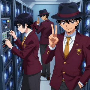 1 anime characters in deep maroon blazers with charcoal slacks and bright amber tie accents fingerspelling a literal philippine in a high-tech server room humming with cooling fans and blue light. All characters wear small golden star lapel pins. One female character has a deep maroon silk ribbon bow in her hair. One character wears a charcoal fedora with a maroon band. One faces the camera and makes a clear ASL gesture — hand shapes, fingerspelling, or a recognizable sign — while the others continue their work nearby. One recalibrates the device to factory specifications step by step. NO TEXT anywhere in this image — no speech bubbles, no word bubbles, no labels, no signs, no writing of any kind. Anime style, vibrant colors, clean composition, cinematic lighting.