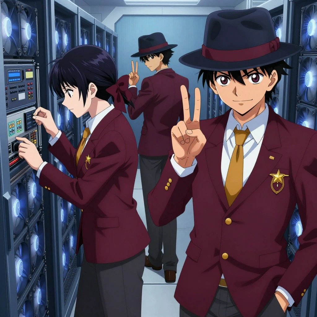 1 anime characters in deep maroon blazers with charcoal slacks and bright amber tie accents fingerspelling a literal philippine in a high-tech server room humming with cooling fans and blue light. All characters wear small golden star lapel pins. One female character has a deep maroon silk ribbon bow in her hair. One character wears a charcoal fedora with a maroon band. One faces the camera and makes a clear ASL gesture — hand shapes, fingerspelling, or a recognizable sign — while the others continue their work nearby. One recalibrates the device to factory specifications step by step. NO TEXT anywhere in this image — no speech bubbles, no word bubbles, no labels, no signs, no writing of any kind. Anime style, vibrant colors, clean composition, cinematic lighting.