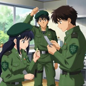 a team of 3 anime characters in forest green tactical jackets with black shoulder pads and silver insignia testing a literal quantum in a sleek modern kitchen with large windows opening onto a garden. One character wears a forest green beret. One female character has a small silver hair clip shaped like a leaf. All characters wear matching green arm patches with a geometric compass logo. One weighs or measures a sample, handling it carefully to avoid contamination. One monitors a readout while adjusting a dial, watching for the target value. One verifies dimensions with a precision tool, comparing to the specification. NO TEXT anywhere in this image — no speech bubbles, no word bubbles, no labels, no signs, no writing of any kind. Anime style, vibrant colors, clean composition, cinematic lighting.