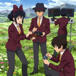 a team of 3 anime characters in deep maroon blazers with charcoal slacks and bright amber tie accents deploying a literal wallet in a high alpine meadow in full summer bloom with mountain peaks beyond. All characters wear small golden star lapel pins. One female character has a deep maroon silk ribbon bow in her hair. One character wears a charcoal fedora with a maroon band. One writes and tests code, iterating based on what runs correctly. One boots up a cluster and monitors the training job's progress metrics. One troubleshoots a flaky network connection, checking configs and physical links. NO TEXT anywhere in this image — no speech bubbles, no word bubbles, no labels, no signs, no writing of any kind. Anime style, vibrant colors, clean composition, cinematic lighting.