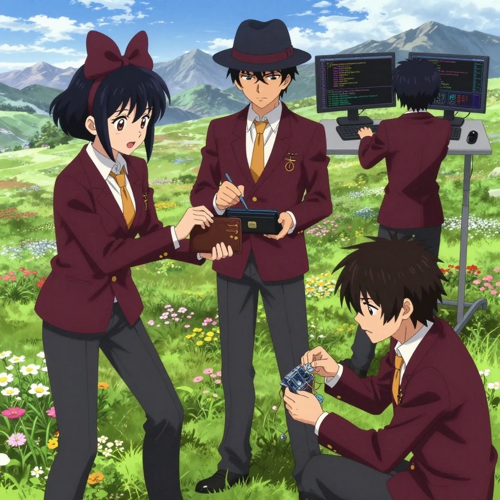 a team of 3 anime characters in deep maroon blazers with charcoal slacks and bright amber tie accents deploying a literal wallet in a high alpine meadow in full summer bloom with mountain peaks beyond. All characters wear small golden star lapel pins. One female character has a deep maroon silk ribbon bow in her hair. One character wears a charcoal fedora with a maroon band. One writes and tests code, iterating based on what runs correctly. One boots up a cluster and monitors the training job's progress metrics. One troubleshoots a flaky network connection, checking configs and physical links. NO TEXT anywhere in this image — no speech bubbles, no word bubbles, no labels, no signs, no writing of any kind. Anime style, vibrant colors, clean composition, cinematic lighting.