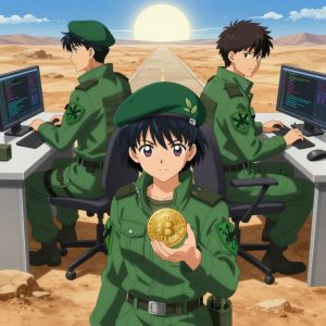 a team of 3 anime characters in forest green tactical jackets with black shoulder pads and silver insignia programming a literal bitcoin in a dusty desert road stretching to the horizon under a blazing sun. One character wears a forest green beret. One female character has a small silver hair clip shaped like a leaf. All characters wear matching green arm patches with a geometric compass logo. One deploys an update to production, watching dashboards for anomalies. One boots up a cluster and monitors the training job's progress metrics. One writes and tests code, iterating based on what runs correctly. NO TEXT anywhere in this image — no speech bubbles, no word bubbles, no labels, no signs, no writing of any kind. Anime style, vibrant colors, clean composition, cinematic lighting.