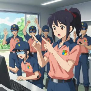 An anime scene showing 1 characters. 1. a female anime character with a small build, round face, no facial hair, hair in a high ponytail with a bow All characters wear soft blue and peach fishing trawler crew with a secret agent aesthetic. Each character wears two small lapel pins — one showing the the Microsoft logo — a four-color grid tile: blue red green yellow (real brand), and one showing the diamond shape with four facets inside a smaller diamond logo (abstract). One character wears a baseball cap. One character has elbow braces with integrated joint lights. Characters interact through gesture, voice, and movement — pointing, gesturing with purpose, speaking to devices, touching their own fingertips together to transmit data, wearing AR glasses. No character touches a keyboard or looks at a screen. No character waves at the camera. No character faces the viewer directly. The team is measuring a literal coastguard in a sleek modern kitchen with large windows opening onto a garden. Exactly 1 characters in this scene — no more, no fewer. One verifies dimensions with a precision tool, comparing to the specification. Exactly 1 characters total. The image must contain precisely 1 characters.NO TEXT anywhere in this image — no speech bubbles, no word bubbles, no labels, no signs, no writing of any kind. Anime style, vibrant colors, clean composition, cinematic lighting.