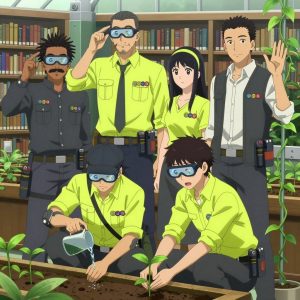 An anime scene showing 4 characters. 1. a male anime character with a tall, rugged build, short dreadlock hair, thick mustache, wearing a neatly buttoned utility jacket with a mandarin collar and two chest pockets, a utility belt with a small battery pack that connects to his eyeglasses, flat chest with no breasts 2. a male anime character with a tall, sturdy build, short side-part hair, light goatee, wearing a neatly buttoned collared shirt with a clip-on tie and a tool apron, a utility belt with a small battery pack that connects to his eyeglasses, flat chest with no breasts 3. a female anime character with a petite build, expressive eyes, no facial hair, long straight hair with a ribbon headband 4. a male anime character with a tall, lean build, short messy hair, clean-shaven, wearing a neatly pressed collared button-up with a vest over top, a utility belt with a small battery pack that connects to his eyeglasses, flat chest with no breasts All characters wear charcoal and neon yellow scientific expedition team with a retro style aesthetic. Each character wears two small lapel pins — one showing the the Google logo — four colored letters G o o g in bold, blue red yellow blue (real brand), and one showing the stylized S or swirl with a vertical line through it, blue and white logo (abstract). One character wears a newsboy cap. One character has elbow braces with integrated joint lights. Characters interact through gesture, voice, and movement — pointing, gesturing with purpose, speaking to devices, touching their own fingertips together to transmit data, wearing AR glasses. No character touches a keyboard or looks at a screen. No character waves at the camera. No character faces the viewer directly. The team is cultivating a literal greenhouse in a quiet library with floor-to-ceiling bookshelves and reading nooks. Exactly 4 characters in this scene — no more, no fewer. One prunes dead growth to encourage healthy new shoots. One applies fertilizer in careful doses around the root zone. One waters a young seedling by hand, checking soil moisture first. One trellises a climbing plant, guiding it along a support with gentle care. Exactly 4 characters total. The image must contain precisely 4 characters.NO TEXT anywhere in this image — no speech bubbles, no word bubbles, no labels, no signs, no writing of any kind. Anime style, vibrant colors, clean composition, cinematic lighting.