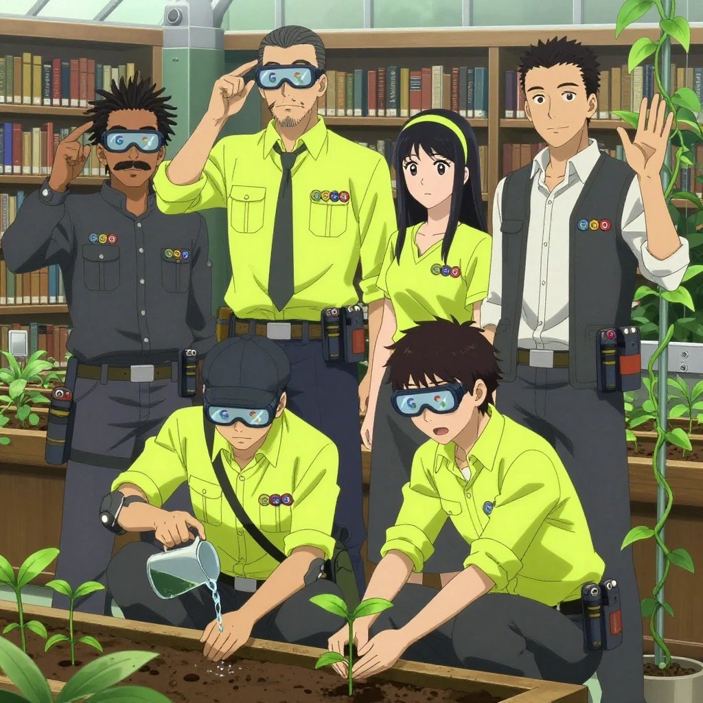 An anime scene showing 4 characters. 1. a male anime character with a tall, rugged build, short dreadlock hair, thick mustache, wearing a neatly buttoned utility jacket with a mandarin collar and two chest pockets, a utility belt with a small battery pack that connects to his eyeglasses, flat chest with no breasts 2. a male anime character with a tall, sturdy build, short side-part hair, light goatee, wearing a neatly buttoned collared shirt with a clip-on tie and a tool apron, a utility belt with a small battery pack that connects to his eyeglasses, flat chest with no breasts 3. a female anime character with a petite build, expressive eyes, no facial hair, long straight hair with a ribbon headband 4. a male anime character with a tall, lean build, short messy hair, clean-shaven, wearing a neatly pressed collared button-up with a vest over top, a utility belt with a small battery pack that connects to his eyeglasses, flat chest with no breasts All characters wear charcoal and neon yellow scientific expedition team with a retro style aesthetic. Each character wears two small lapel pins — one showing the the Google logo — four colored letters G o o g in bold, blue red yellow blue (real brand), and one showing the stylized S or swirl with a vertical line through it, blue and white logo (abstract). One character wears a newsboy cap. One character has elbow braces with integrated joint lights. Characters interact through gesture, voice, and movement — pointing, gesturing with purpose, speaking to devices, touching their own fingertips together to transmit data, wearing AR glasses. No character touches a keyboard or looks at a screen. No character waves at the camera. No character faces the viewer directly. The team is cultivating a literal greenhouse in a quiet library with floor-to-ceiling bookshelves and reading nooks. Exactly 4 characters in this scene — no more, no fewer. One prunes dead growth to encourage healthy new shoots. One applies fertilizer in careful doses around the root zone. One waters a young seedling by hand, checking soil moisture first. One trellises a climbing plant, guiding it along a support with gentle care. Exactly 4 characters total. The image must contain precisely 4 characters.NO TEXT anywhere in this image — no speech bubbles, no word bubbles, no labels, no signs, no writing of any kind. Anime style, vibrant colors, clean composition, cinematic lighting.