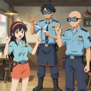 An anime scene showing 3 characters. 1. a female anime character with a petite build, expressive eyes, no facial hair, long straight hair with a ribbon headband 2. a male anime character with a tall, sturdy build, short side-part hair, light goatee, wearing a neatly buttoned collared shirt with a clip-on tie and a tool apron, a utility belt with a small battery pack that connects to his eyeglasses, flat chest with no breasts 3. a male anime character with a lean, wiry build, short wavy hair, clean-shaven, wearing a neatly buttoned utility shirt with a buttoned collar and chest pockets snapped shut, a utility belt with a small battery pack that connects to his eyeglasses, flat chest with no breasts All characters wear light blue and coral hazardous disposal team with a country side aesthetic. Each character wears two small lapel pins — one showing the the Amazon logo — a smile arrow from A to Z in black on orange text (real brand), and one showing the diamond shape with four facets inside a smaller diamond logo (abstract). One character wears a fedora. One character has magnetized boot heels for steel surfaces. Characters interact through gesture, voice, and movement — pointing, gesturing with purpose, speaking to devices, touching their own fingertips together to transmit data, wearing AR glasses. No character touches a keyboard or looks at a screen. No character waves at the camera. No character faces the viewer directly. The team is teaching a literal windmill in a cozy coffee shop interior with warm light and wood tones. Exactly 3 characters in this scene — no more, no fewer. One reviews someone's work and gives specific, actionable feedback. One demonstrates a technique with patience, making sure the learner follows each step. One guides a student through a correction, offering encouragement. Exactly 3 characters total. The image must contain precisely 3 characters.NO TEXT anywhere in this image — no speech bubbles, no word bubbles, no labels, no signs, no writing of any kind. Anime style, vibrant colors, clean composition, cinematic lighting.