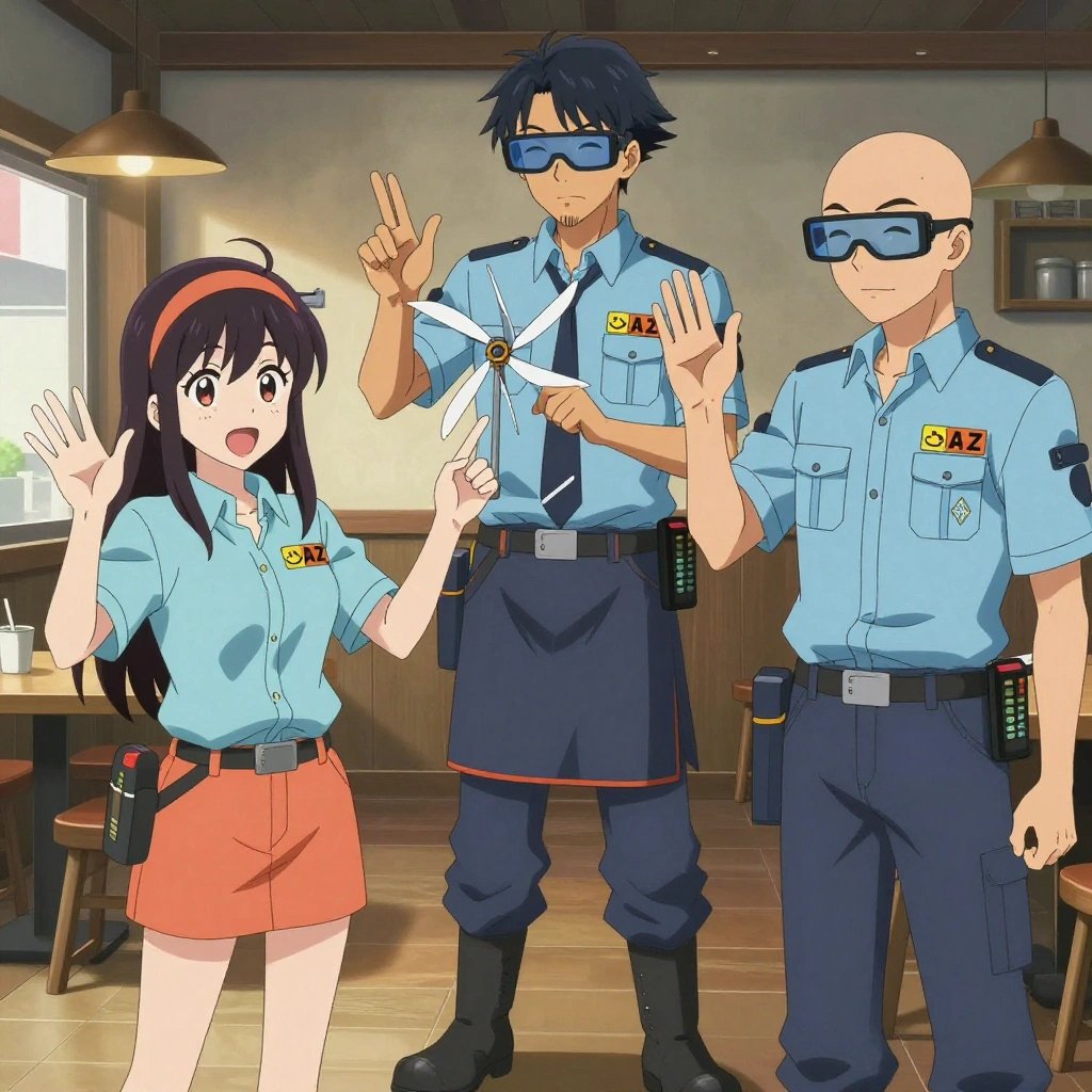 An anime scene showing 3 characters. 1. a female anime character with a petite build, expressive eyes, no facial hair, long straight hair with a ribbon headband 2. a male anime character with a tall, sturdy build, short side-part hair, light goatee, wearing a neatly buttoned collared shirt with a clip-on tie and a tool apron, a utility belt with a small battery pack that connects to his eyeglasses, flat chest with no breasts 3. a male anime character with a lean, wiry build, short wavy hair, clean-shaven, wearing a neatly buttoned utility shirt with a buttoned collar and chest pockets snapped shut, a utility belt with a small battery pack that connects to his eyeglasses, flat chest with no breasts All characters wear light blue and coral hazardous disposal team with a country side aesthetic. Each character wears two small lapel pins — one showing the the Amazon logo — a smile arrow from A to Z in black on orange text (real brand), and one showing the diamond shape with four facets inside a smaller diamond logo (abstract). One character wears a fedora. One character has magnetized boot heels for steel surfaces. Characters interact through gesture, voice, and movement — pointing, gesturing with purpose, speaking to devices, touching their own fingertips together to transmit data, wearing AR glasses. No character touches a keyboard or looks at a screen. No character waves at the camera. No character faces the viewer directly. The team is teaching a literal windmill in a cozy coffee shop interior with warm light and wood tones. Exactly 3 characters in this scene — no more, no fewer. One reviews someone's work and gives specific, actionable feedback. One demonstrates a technique with patience, making sure the learner follows each step. One guides a student through a correction, offering encouragement. Exactly 3 characters total. The image must contain precisely 3 characters.NO TEXT anywhere in this image — no speech bubbles, no word bubbles, no labels, no signs, no writing of any kind. Anime style, vibrant colors, clean composition, cinematic lighting.