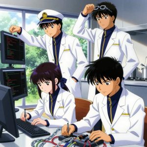 a team of 3 anime characters in white lab coats with navy blue collars and gold zipper accents training a literal chain in a sleek modern kitchen with large windows opening onto a garden. One character wears a peaked captain's cap with a gold insignia. One female character has a navy ribbon tied in her hair. All characters wear small gold lapel badges. One deploys an update to production, watching dashboards for anomalies. One writes and tests code, iterating based on what runs correctly. One troubleshoots a flaky network connection, checking configs and physical links. NO TEXT anywhere in this image β no speech bubbles, no word bubbles, no labels, no signs, no writing of any kind. Anime style, vibrant colors, clean composition, cinematic lighting.